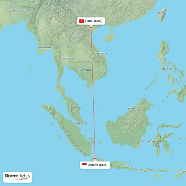 Hanoi - Jakarta direct flight map