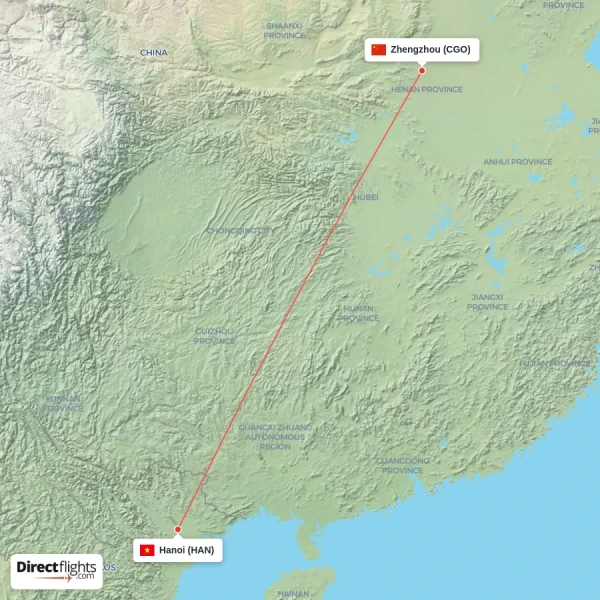 Hanoi - Zhengzhou direct flight map