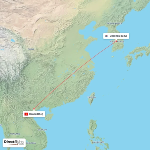 Hanoi - Cheongju direct flight map
