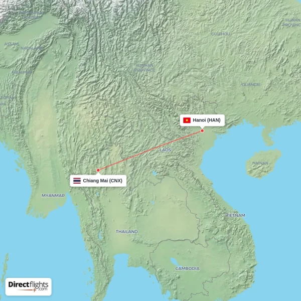 Hanoi - Chiang Mai direct flight map