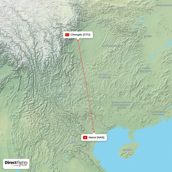 Hanoi - Chengdu direct flight map