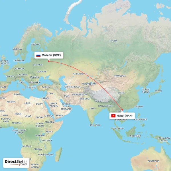 Hanoi - Moscow direct flight map