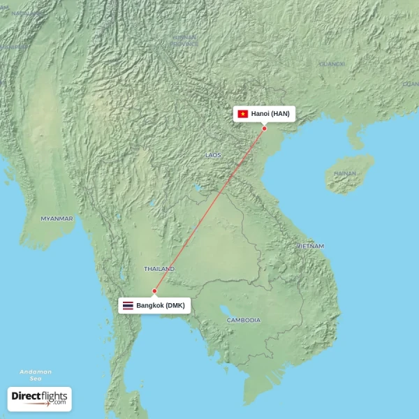 Hanoi - Bangkok direct flight map