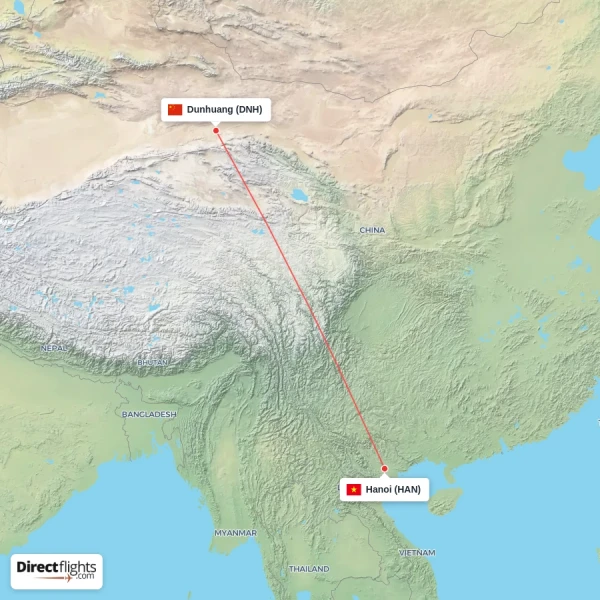Hanoi - Dunhuang direct flight map