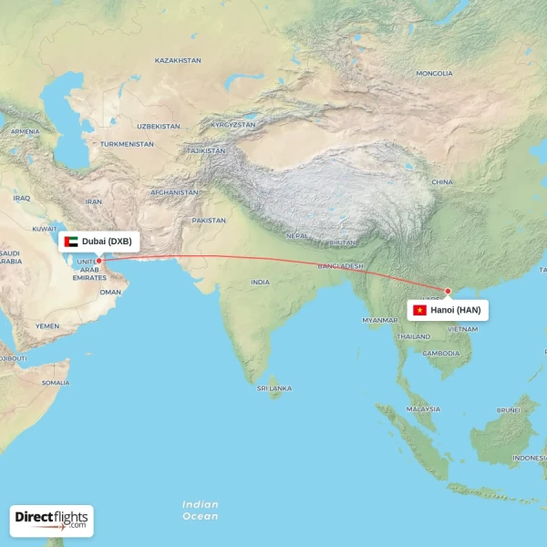 Hanoi - Dubai direct flight map