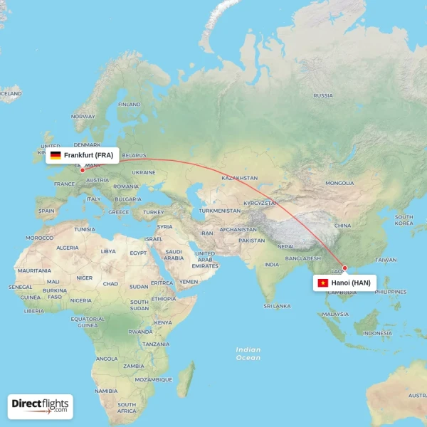 Hanoi - Frankfurt direct flight map