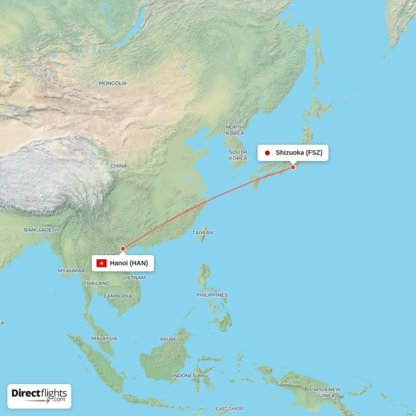 Hanoi - Shizuoka direct flight map