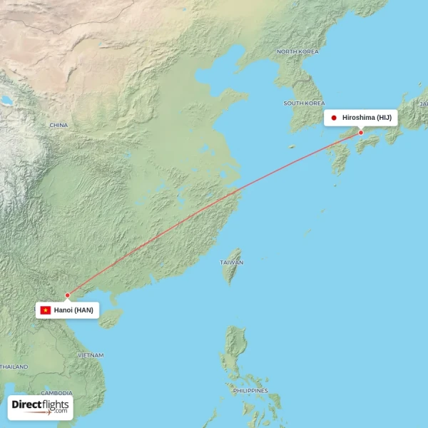 Hanoi - Hiroshima direct flight map