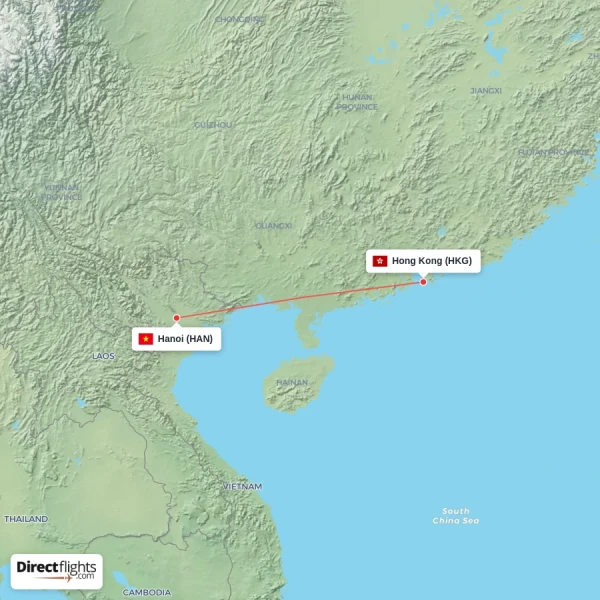 Hanoi - Hong Kong direct flight map