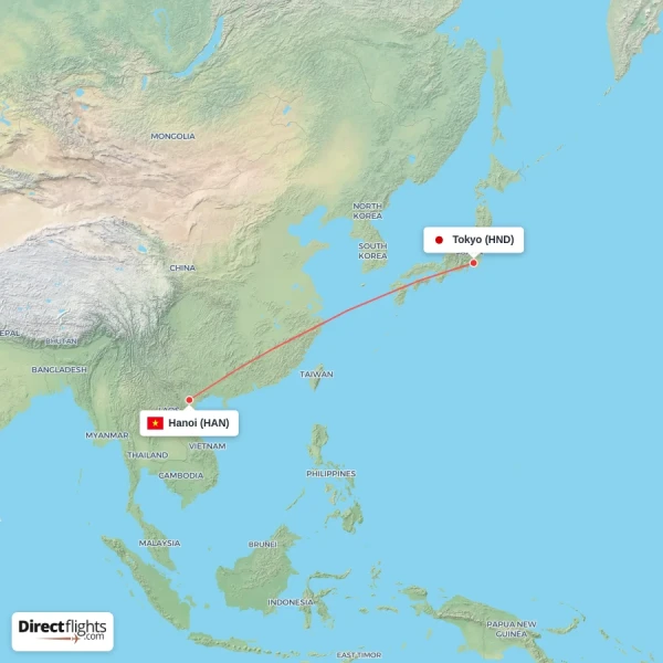 Hanoi - Tokyo direct flight map