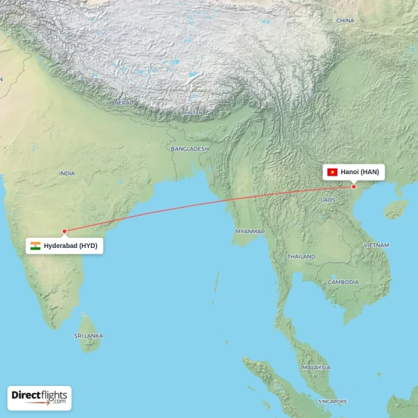 Hanoi - Hyderabad direct flight map
