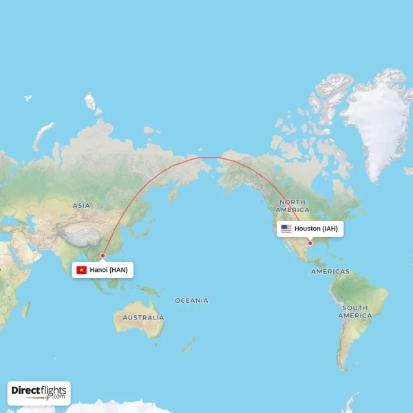 Hanoi - Houston direct flight map