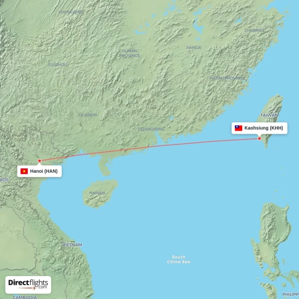 Hanoi - Kaohsiung direct flight map