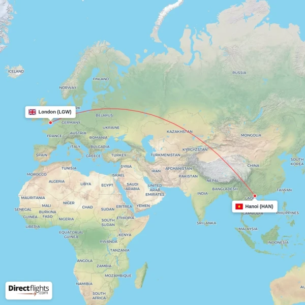 Hanoi - London direct flight map