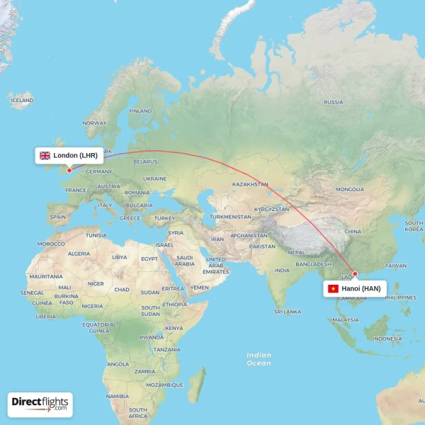 Hanoi - London direct flight map