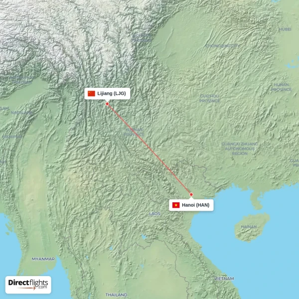 Hanoi - Lijiang direct flight map