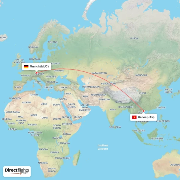 Hanoi - Munich direct flight map
