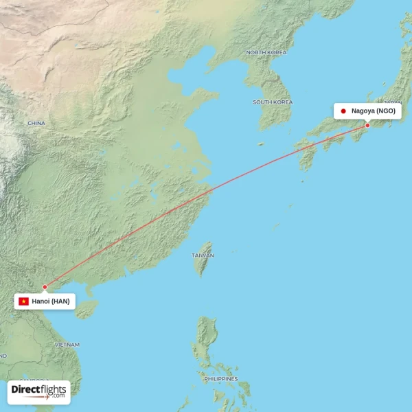 Hanoi - Nagoya direct flight map