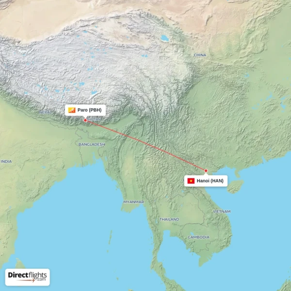 Hanoi - Paro direct flight map