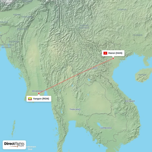 Hanoi - Yangon direct flight map