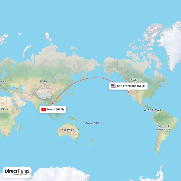 Hanoi - San Francisco direct flight map