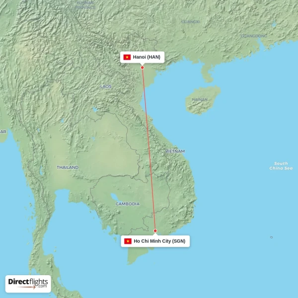 Hanoi - Ho Chi Minh City direct flight map