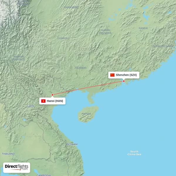 Hanoi - Shenzhen direct flight map