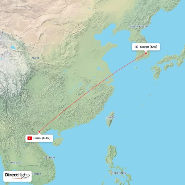 Hanoi - Daegu direct flight map