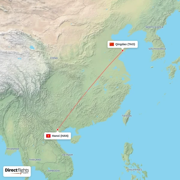 Hanoi - Qingdao direct flight map