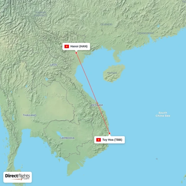 Hanoi - Tuy Hoa direct flight map