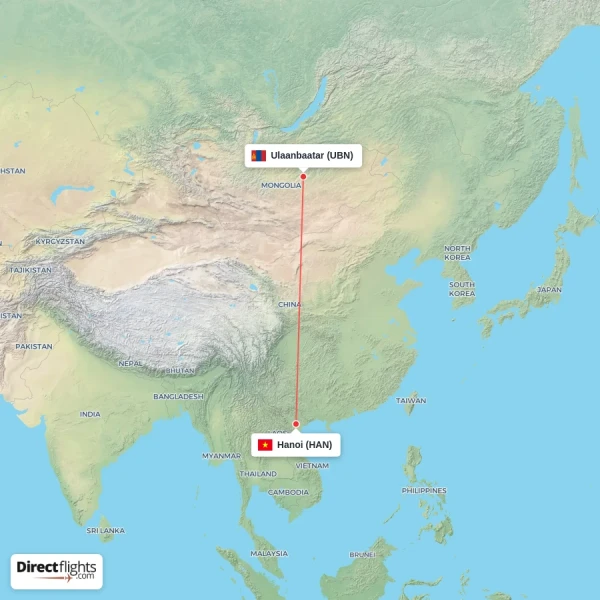 Hanoi - Ulaanbaatar direct flight map