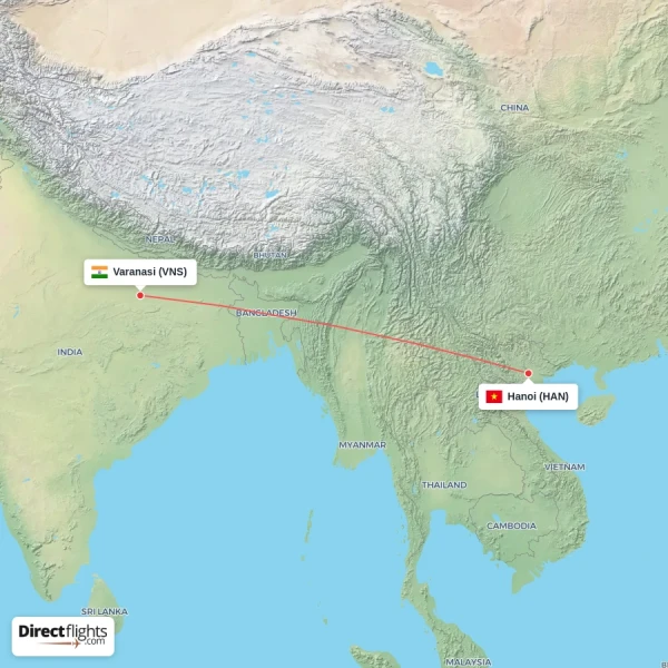 Hanoi - Varanasi direct flight map