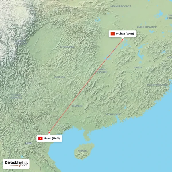 Hanoi - Wuhan direct flight map