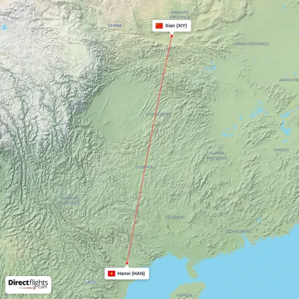 Hanoi - Xian direct flight map