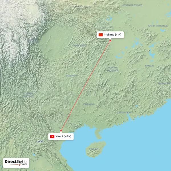 Hanoi - Yichang direct flight map