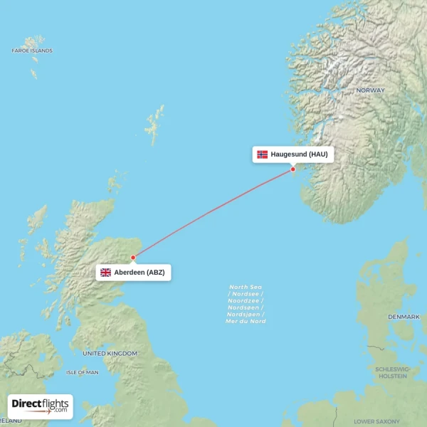 Haugesund - Aberdeen direct flight map
