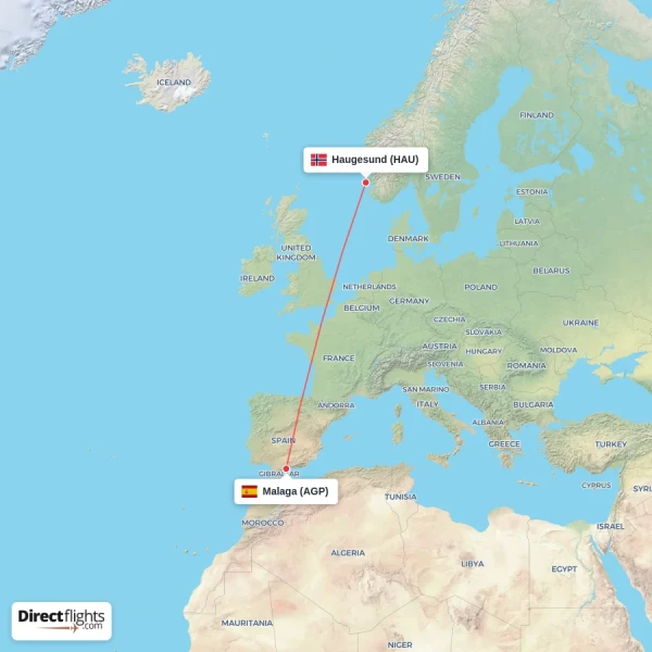 Haugesund - Malaga direct flight map
