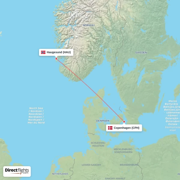 Haugesund - Copenhagen direct flight map