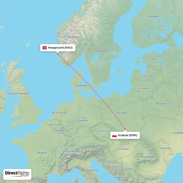 Haugesund - Krakow direct flight map