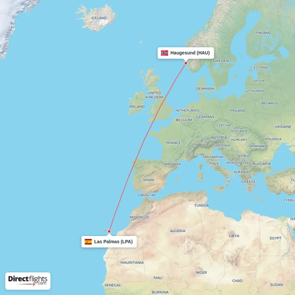 Haugesund - Las Palmas direct flight map