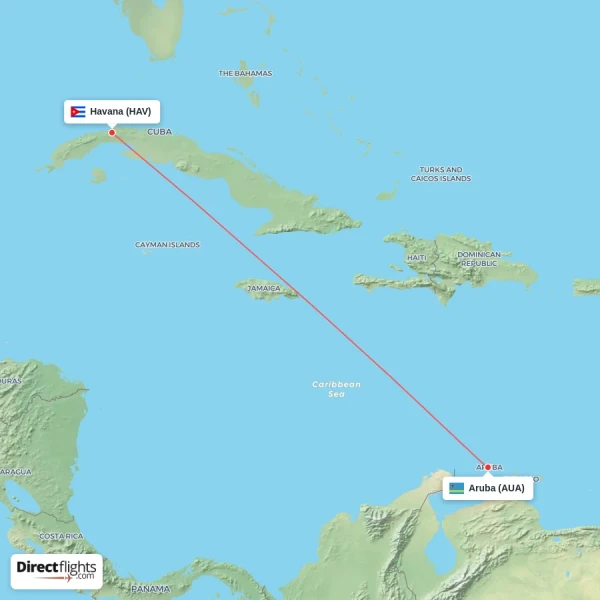 Havana - Aruba direct flight map