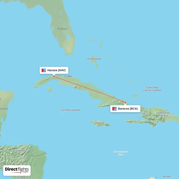 Havana - Baracoa direct flight map