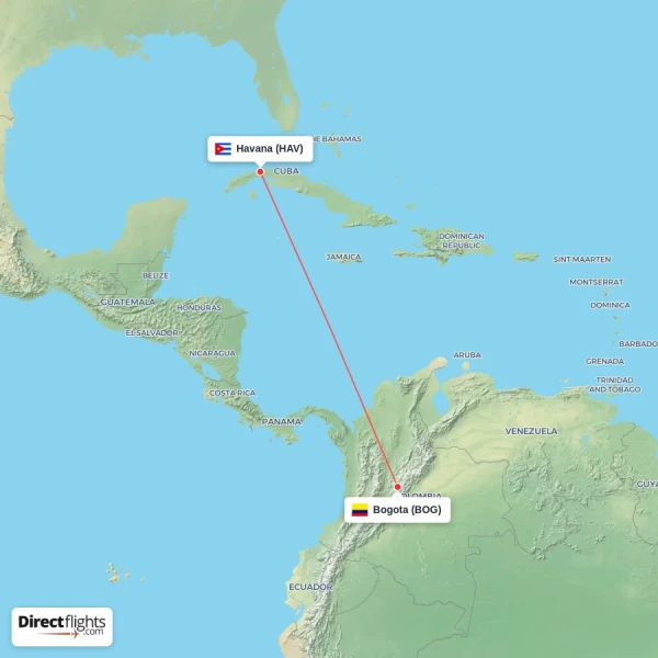 Havana - Bogota direct flight map
