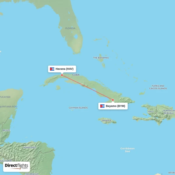Havana - Bayamo direct flight map