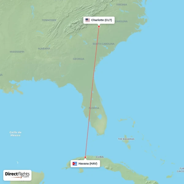 Havana - Charlotte direct flight map