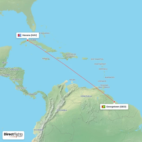 Havana - Georgetown direct flight map