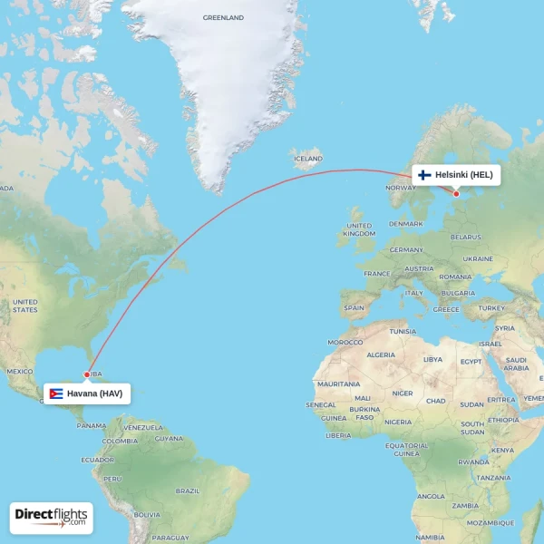 Havana - Helsinki direct flight map