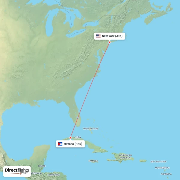 Havana - New York direct flight map