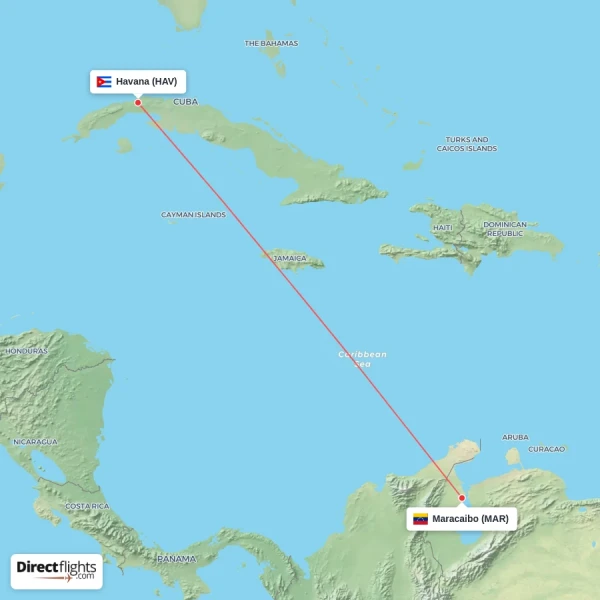 Havana - Maracaibo direct flight map