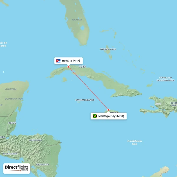 Havana - Montego Bay direct flight map